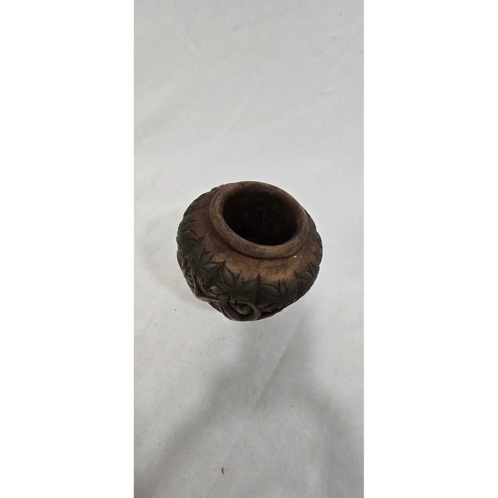 Vtg 1970s hand Carved Wooden Vessel Bowl Vase Elephants safari‎ jungle African